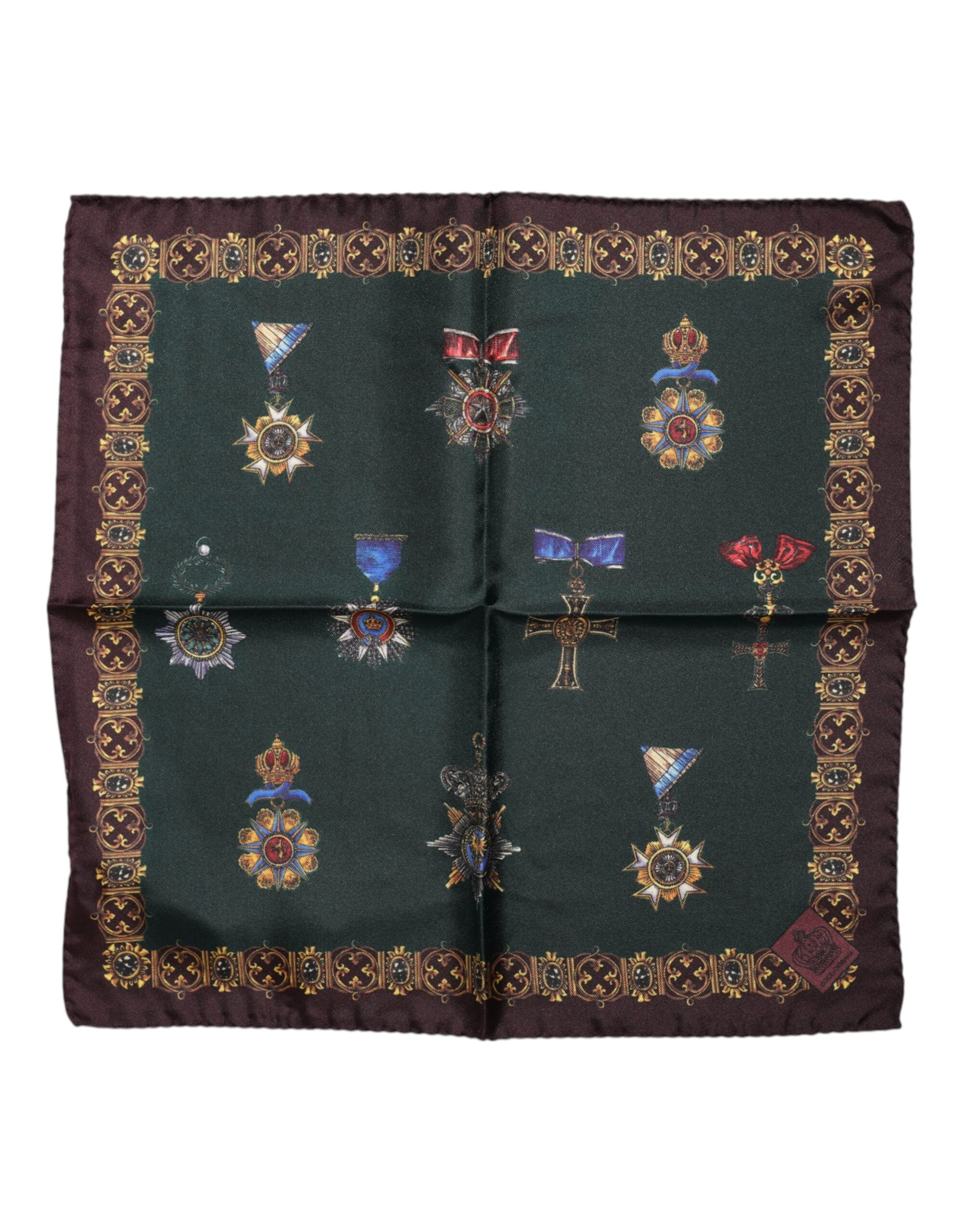Dolce & Gabbana Green Medals Silk Square Foulard Scarf